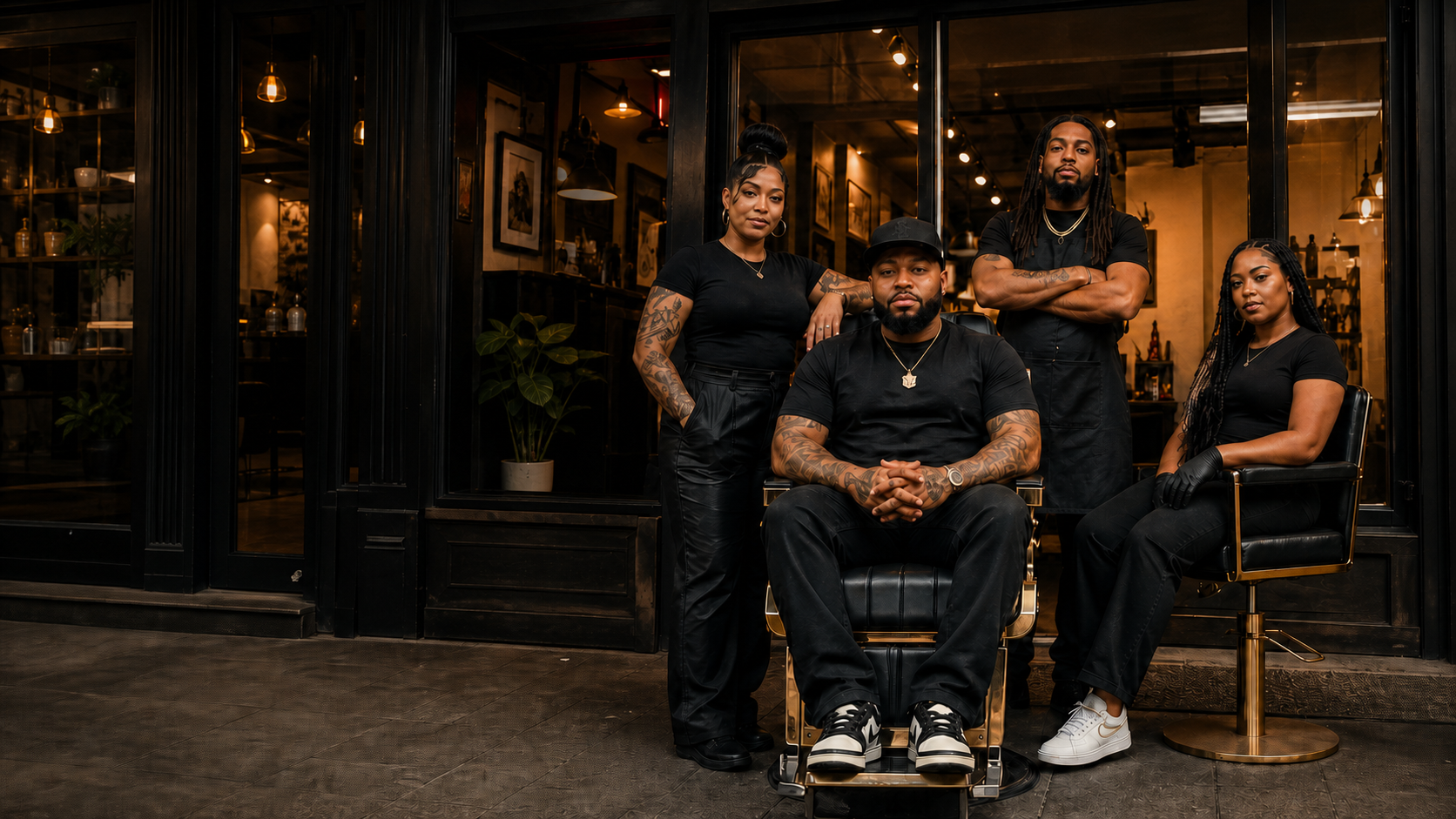 The Stealth City Empire team outside the studio, one seated in the barber chair